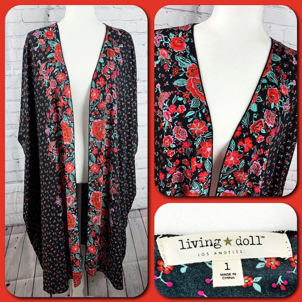 Living Doll LA Black & Red Floral Open Long Kimono
